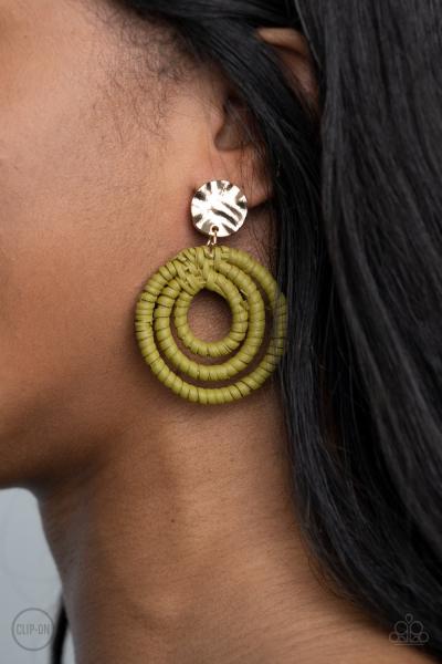 Whimsically Wicker - Green - Clip On Earrings